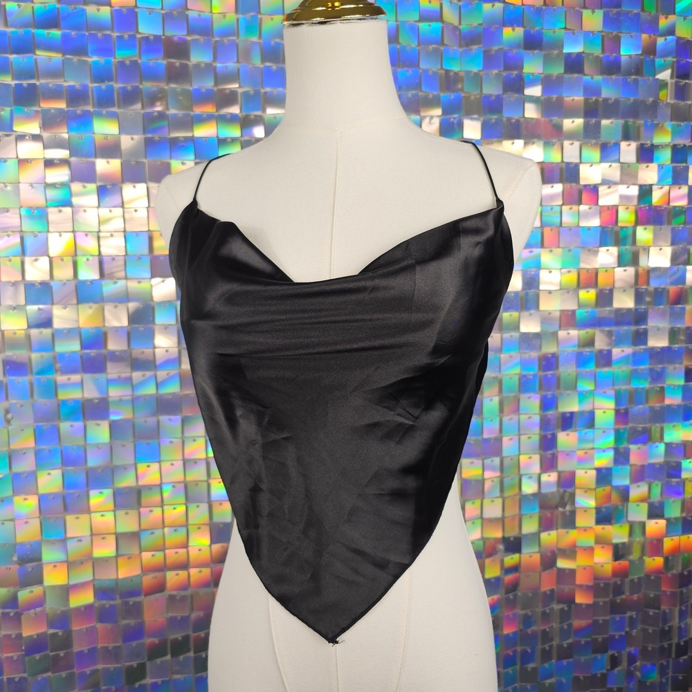 Handkerchief Y2K Cowl Neck Top Women OS Black Satin Tie Back Jersey Shore Summah - Picture 8 of 10